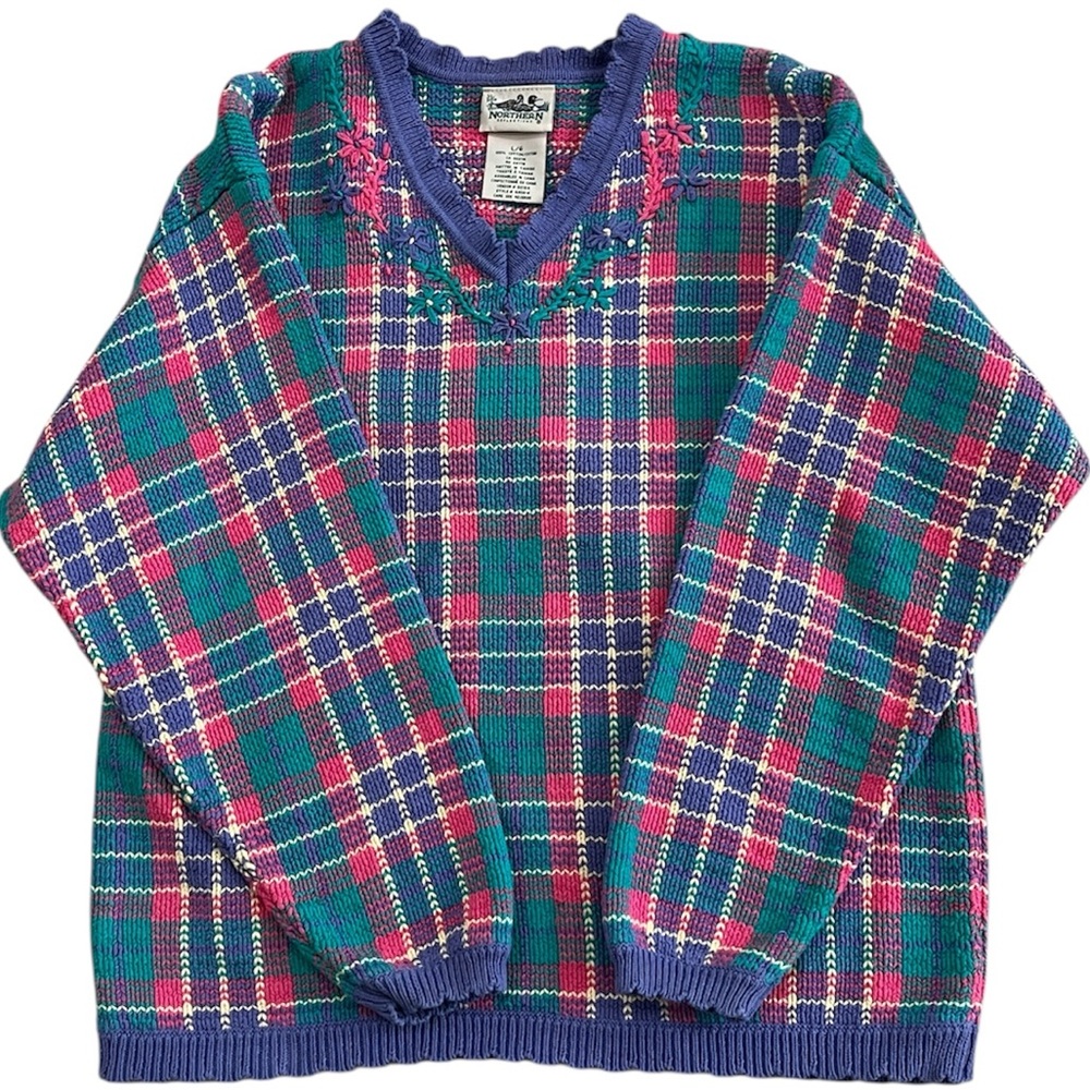 Northern Reflections Cotton Knit Sweater‎ V Neck Cottagecore Retro VTG Womens L